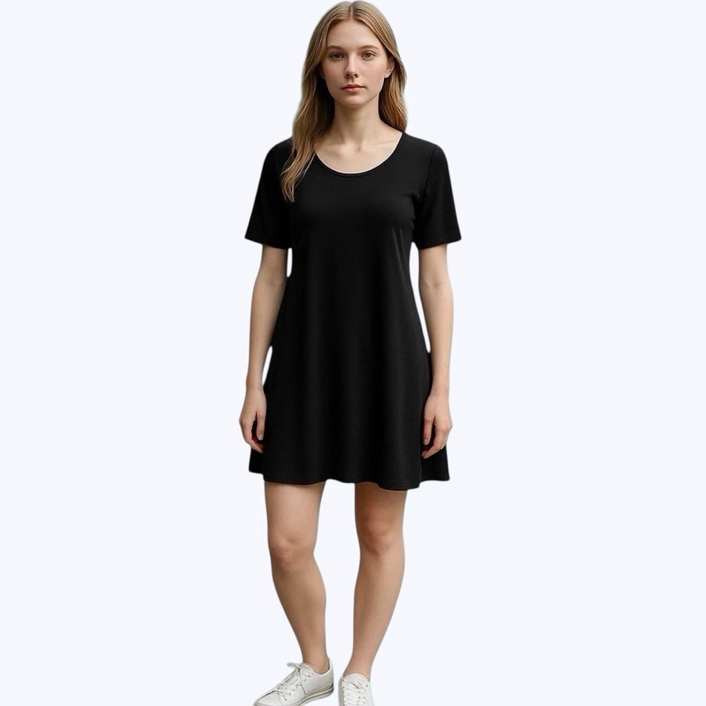 Eileen Fisher S Viscose Mini Dress / Long A-Line Top Elbow Sleeve Black